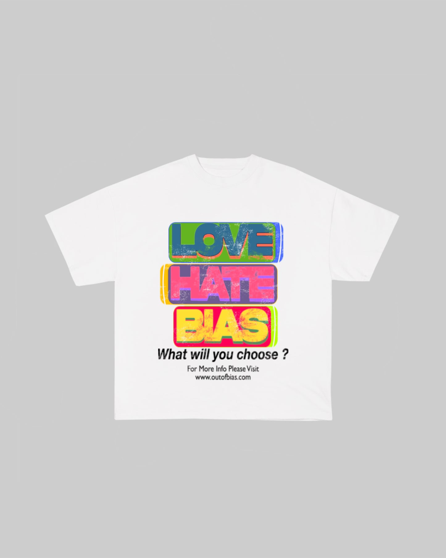 Out of Bias clothing brand “Decision” t-shirt that features Out of Bias clothing brand distressed print