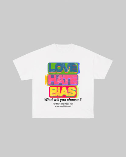 Out of Bias clothing brand “Decision” t-shirt that features Out of Bias clothing brand distressed print