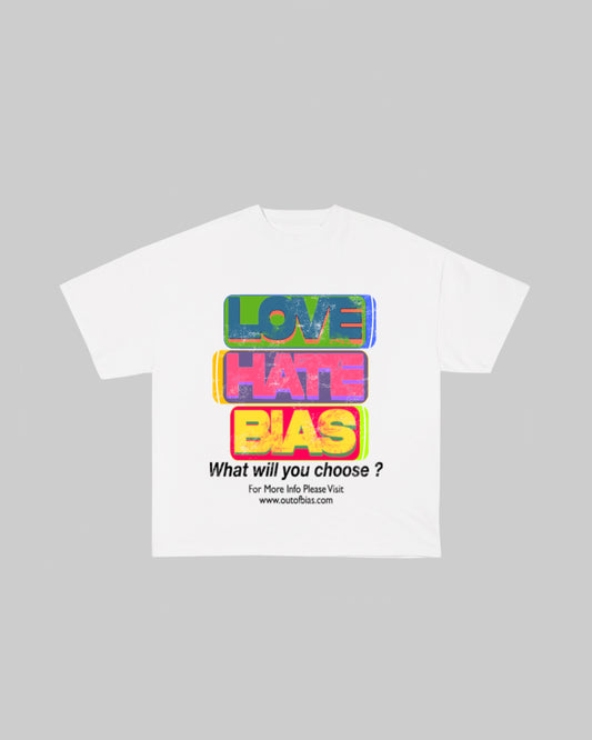 Out of Bias clothing brand “Decision” t-shirt that features Out of Bias clothing brand distressed print