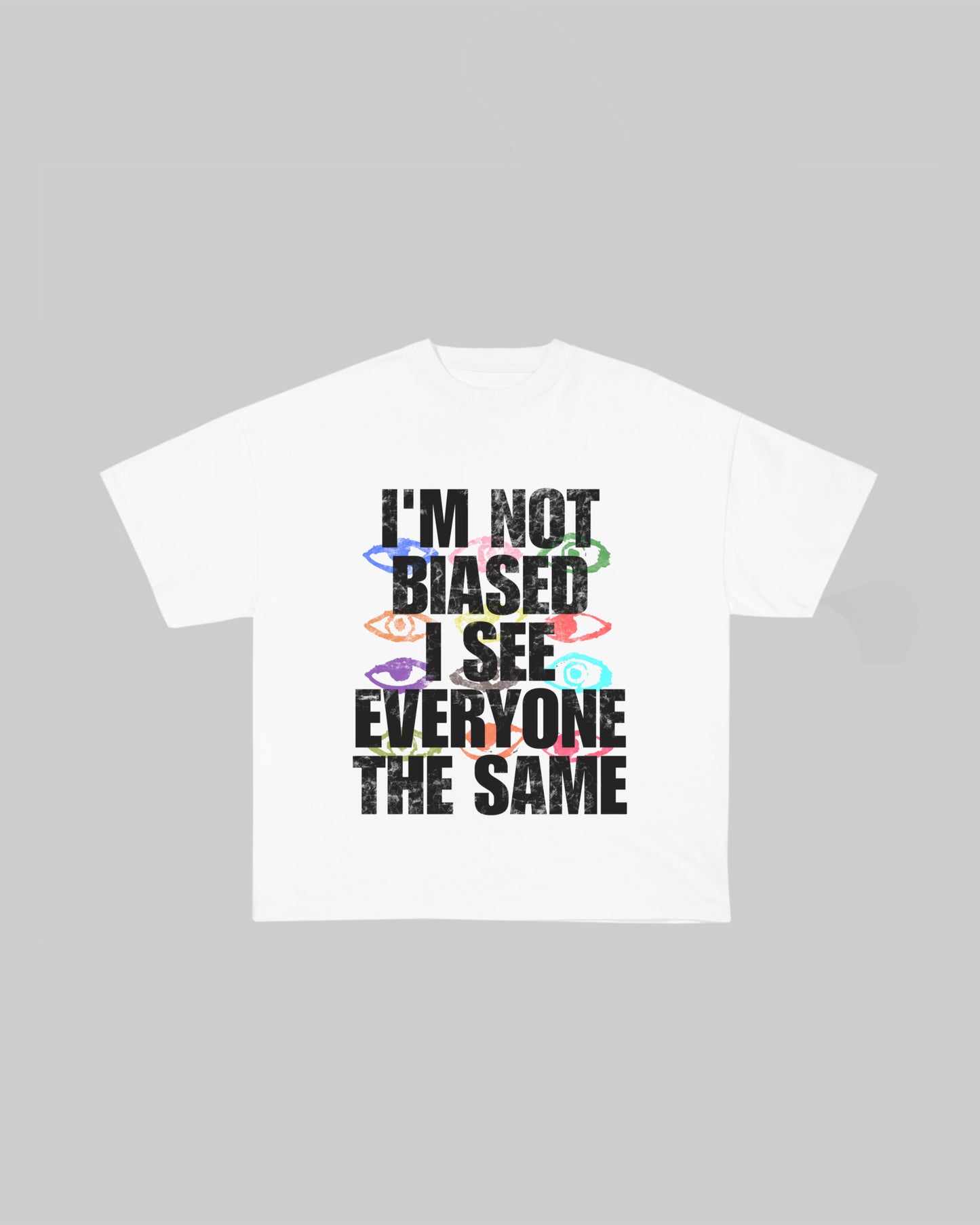 Out of Bias clothing brand “Unbiased” t-shirt that features Out of Bias clothing brand motto