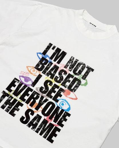 Out of Bias clothing brand “Unbiased” t-shirt that features Out of Bias clothing brand motto