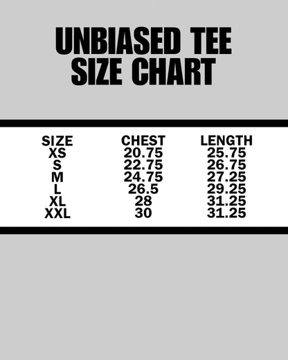 Out of Bias clothing brand “Unbiased” t-shirt that features Out of Bias clothing brand motto